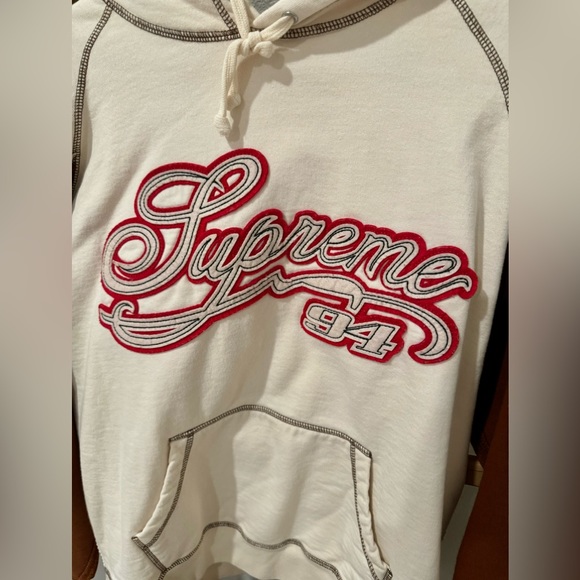 Supreme Hoodie Size M Panel Script Sweatshirt Men’s Natural SS21 Vintage 94 Logo - Picture 2 of 4